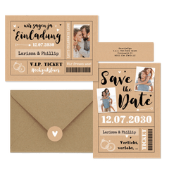 Hochzeitskarten als Ticket-Set in Kraftpapier