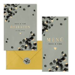 Hochzeitskartenset schwarzer Eukalyptus mit Gold