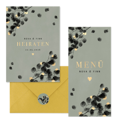 Hochzeitskartenset schwarzer Eukalyptus mit Gold