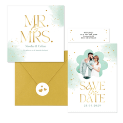 Hochzeitskartenset Wasserfarbe in Mintgrün & Gold