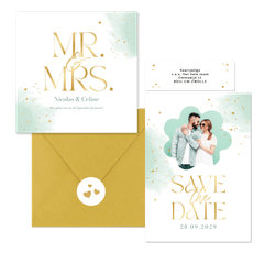 Hochzeitskartenset Wasserfarbe in Mintgrün & Gold