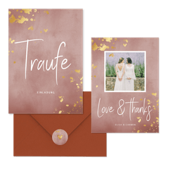 Hochzeitskartenset rosa Aquarell mit Goldtupfen