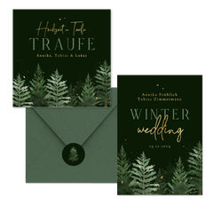 Hochzeitskarten Winterset Tannenbäume in Aquarell auf Dunkelgrün