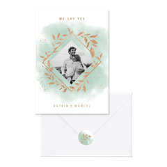 Hochzeitskartenset Fotorahmen golden Zweige mintgrün