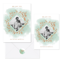 Hochzeitskartenset Fotorahmen golden Zweige mintgrün