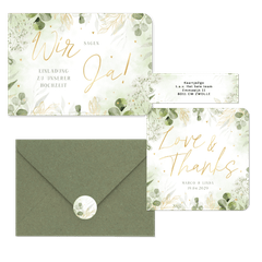 Hochzeitkartenset mit vielen grünen Zweige in Aquarell