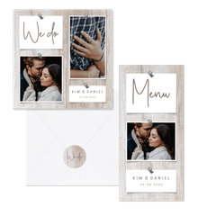 Hochzeitskartenset Fotocollage auf Holzhintergrund