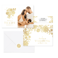 Hochzeitskartenset goldene Blumenspitze auf Weiß