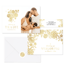 Hochzeitskartenset goldene Blumenspitze auf Weiß