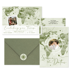 Hochzeitskartenset Aqaurell Weltkarte und Flugzeug in Grün