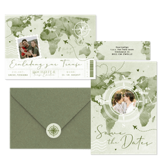 Hochzeitskartenset Aqaurell Weltkarte und Flugzeug in Grün