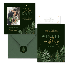 Hochzeitskarten Winterset Tannenbäume in Aquarell auf Dunkelgrün