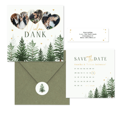 Winterhochzeit Kartenset Tannenbäume in Aquarell auf Hellgrün