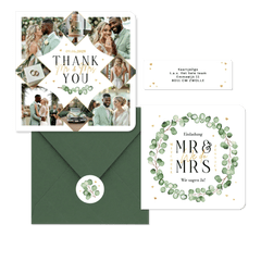 Hochzeitskartenset Eukalyptuszweige mit goldenen Herzchen