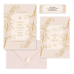 Hochzeitskartenset mit goldenen Glockenblumen Altrosa