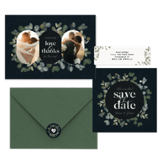 Hochzeitskartenset mit Eukalyptus auf Schwarz