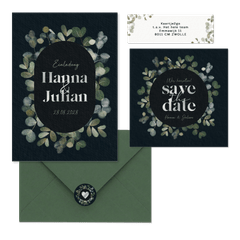 Hochzeitskartenset mit Eukalyptus auf Schwarz