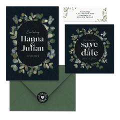 Hochzeitskartenset mit Eukalyptus auf Schwarz