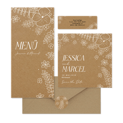 Hochzeitskartenset weiße Blumen auf Kraftpapier