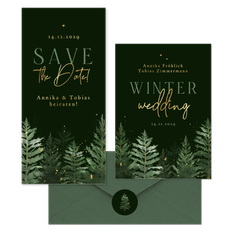 Hochzeitskarten Winterset Tannenbäume in Aquarell auf Dunkelgrün