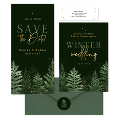 Hochzeitskarten Winterset Tannenbäume in Aquarell auf Dunkelgrün