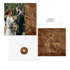 Hochzeitskartenset Holzoptik mit Goldschrift