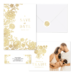 Hochzeitskartenset goldene Blumenspitze auf Weiß