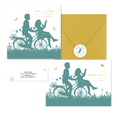 Hochzeitskartenset Scherenschnitt Brautpaar auf Fahrrad