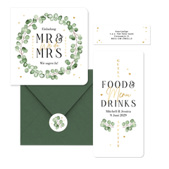 Hochzeitskartenset Eukalyptuszweige mit goldenen Herzchen