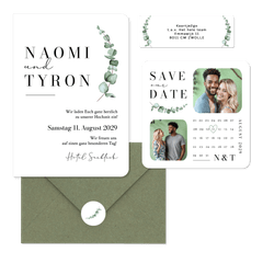 Hochzeitskarten schlicht und elegant mit Eukalyptuszweig