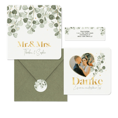 Hochzeitskartenset mit Eukalyptuszweigen & Goldschrift