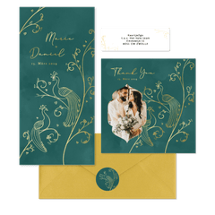 Hochzeitskartenset in Grün mit goldenen Pfauen 
