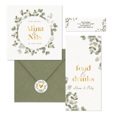 Hochzeitskartenset mit Eukalyptuskranz und Goldschrift