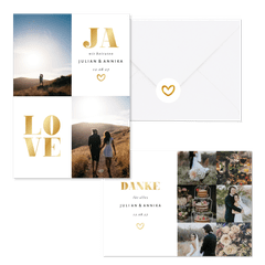 Hochzeitskarten simpel Goldlook mit Fotos