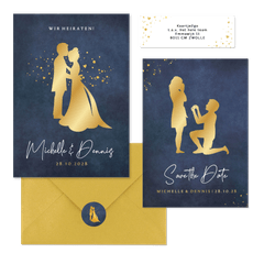 Hochzeitskartenset Goldener Scherenschnitt auf Dunkelblau