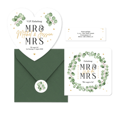 Hochzeitskartenset Eukalyptuszweige mit goldenen Herzchen