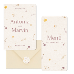 Hochzeitskartenset Schöpfpapier mit gepressten Blumen