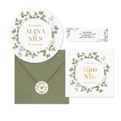 Hochzeitskartenset mit Eukalyptuskranz und Goldschrift