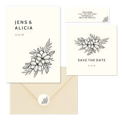 Hochzeitskartenset schlichte schwarze Blumen off-white