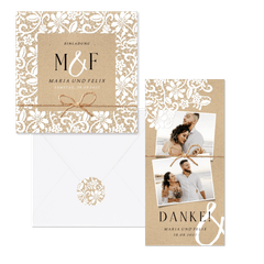Hochzeitskartenset mit romantischer Spitze auf Kraftpapier