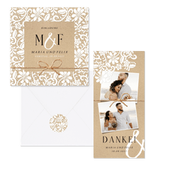 Hochzeitskartenset mit romantischer Spitze auf Kraftpapier