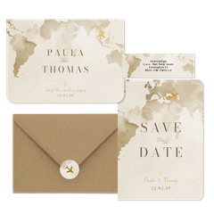 Hochzeitskartenset Aquarell Weltkare in Beige mit goldenem Flugzeug