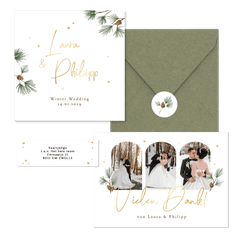 Hochzeitskartenset schlicht Winter Tannenzweige und Zapfen