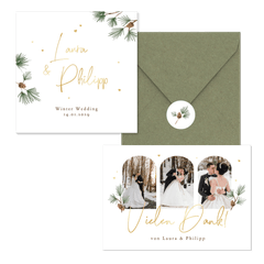 Hochzeitskartenset schlicht Winter Tannenzweige und Zapfen