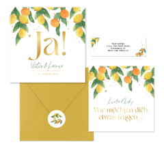 Hochzeitskartenset Zitruszweige mit Zitronen und Orangen