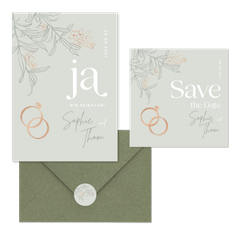 Hochzeitskartenset mit Ringen & Blumen pastellgrün