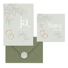Hochzeitskartenset mit Ringen & Blumen pastellgrün