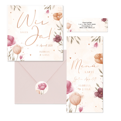 Hochzeitskartenset mit Frühlingsblumen Aquarell & Kupfer