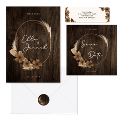 Hochzeitskartenset Trockenblumenkranz auf Holz