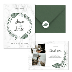 Hochzeitskartenset helles Marmor mit Botanik